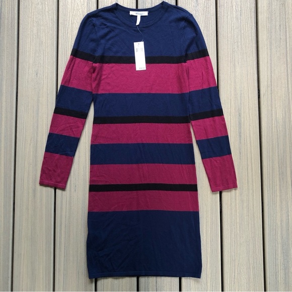 NWT BCBGeneration Navy & Burgundy Striped Fine Gage Knit Dress Sheath Size M - Picture 1 of 6